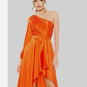 Mac Duggal Size 4 Orange One-Shoulder Satin High Low Prom Cocktail Gown Dress